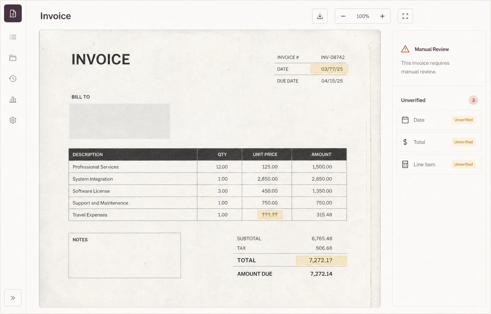 Unprocessed invoice with errors and handwritten annotations
